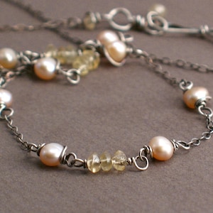 Edda Necklace - Citrine and Pink Champagne Baroque Pearls on Oxidized Sterling Silver Chain - Classic Wirewrapped Necklace