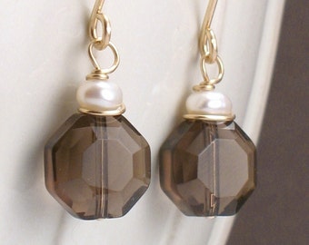 Gloria - Smokey Quartz and Pearl Earrings on 14k Goldfill - Dainty Drop Earrings