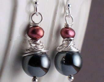 Rebecca - Gray Hematite Earrings with Red Pearls on Sterling Silver Earrings