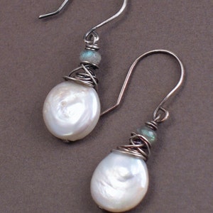 Oxidized Sterling Silver Coin Pearl Earrings with Labradorite -- Ava