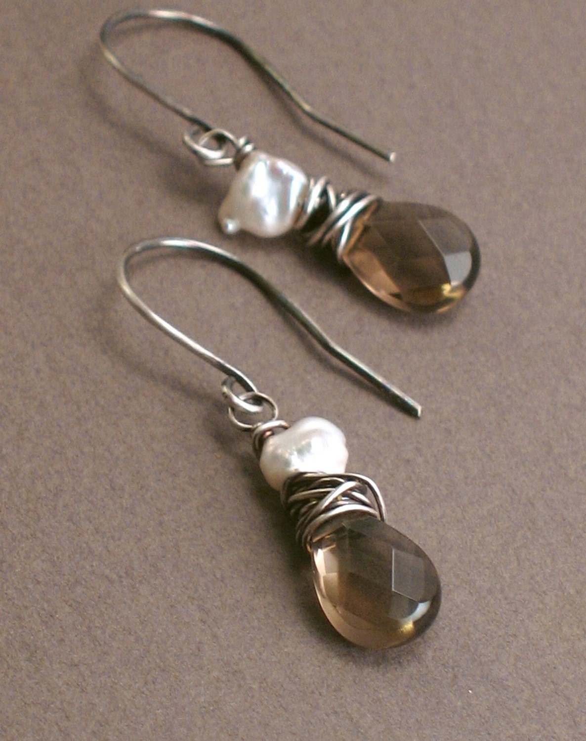 Bianca Smokey Quartz Earrings With Ivory Pearls on Oxidized - Etsy