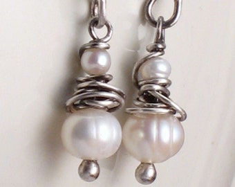 Oxidized Sterling Silver Pearl Earrings: Wire Wrapped Dangle Earrings -- Emma