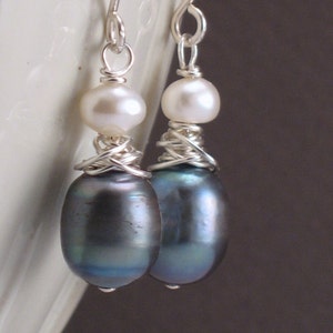 Chandra - Peacock Blue Pearl Earrings with Ivory Pearls on Sterling SIlver