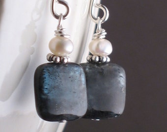 Magma -- Larvikite and Pearl Earrings on Sterling Silver