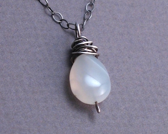 Moonstone Pendant Necklace on Oxidized Sterling Silver Chain - Wire Wrapped Layering Necklace