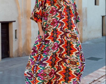 Baumwollkaftan, afrikanisches Kleid, Strandkleid, langes Kleid, übergroßes Kleid, Kaftan, Baumwolle, Boho-Kleid, Ethno-Print-Kleid, Chillout, Geschenk