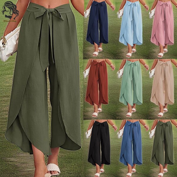 Women Solid Color Wrap Pants, Soft Fabric Palazzo Pants,Lightweight and Flowy Wrap Around Pants, Boho Trousers Full Maxi Pants Wide Leg Pant