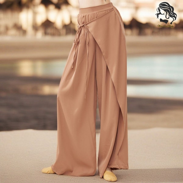 Solid Color Boho Wrap Pants, Lightweight and Flowy Wrap Around Pants, Soft Casual Loose Boho Trousers Full Maxi Pants, Women's Boho Pants