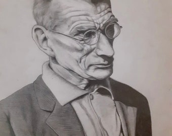 Samuel Beckett Charcoal portrait, original A4 portrait of Irish novelist Samuel Beckett