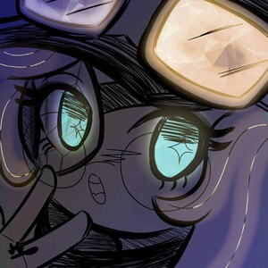 May include: Illustration of a character's face with large, expressive eyes. The eyes are a vibrant teal with star-like highlights. The character wears glasses and has a dark, stylized hairstyle. The image has a dark, moody color palette.
