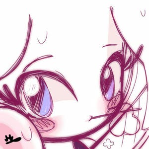 May include: A digital sketch of a character's face, featuring large eyes with purple irises and a pink blush. The artwork is done in a sketchy style with dark pink outlines and shading, set against a white background.