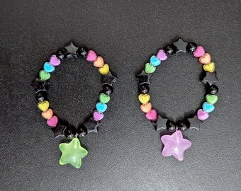 Dark Kawaii Rainbow Heart Glow in the Dark Star Charm Beaded Bracelet