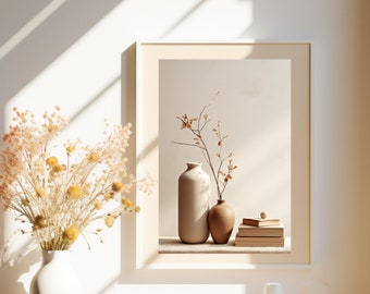 Affiche imprimable - oeuvre d'art murale minimaliste en haute résolution - style scandinave - décoration d'intérieur - décoration crème - vase et fleurs - A1 A2 A3 A4