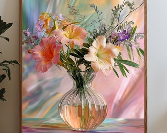 Harmonie pastel : poster numérique représentant un vase rempli de fleurs vibrantes - Décoration d'intérieur - Beau poster - Haute résolution - Formats A1 A2 A3 A4