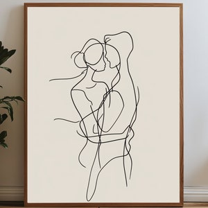 L'étreinte de l'abstraction poétique : affiche numérique représentant deux silhouettes, un homme et une femme, dans une étreinte enchanteresse. Formats A1 A2 A3 A4 ART mural image 1