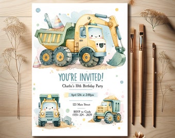 Uitnodiging voor verjaardagsfeestje van bouw vrachtwagen - aquarel | Kinderverjaardag | Digitaal | Gepersonaliseerd