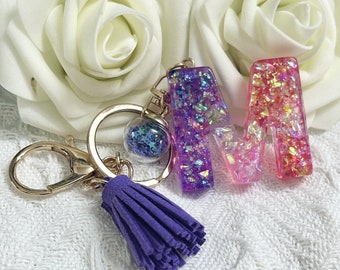 Glitter A-Z Shiny Sequin Letter Pendant Keychain Purple Tassel Star Ball Charm Keyring Women's Bag Jewelry Personalized Gifts