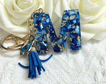 Sparkling Blue Glazed Stone A-Z Resin Keychain 26 Inscriptions Butterfly Tassel Pendant Keychain Gift for Women and Men's Car Keychains