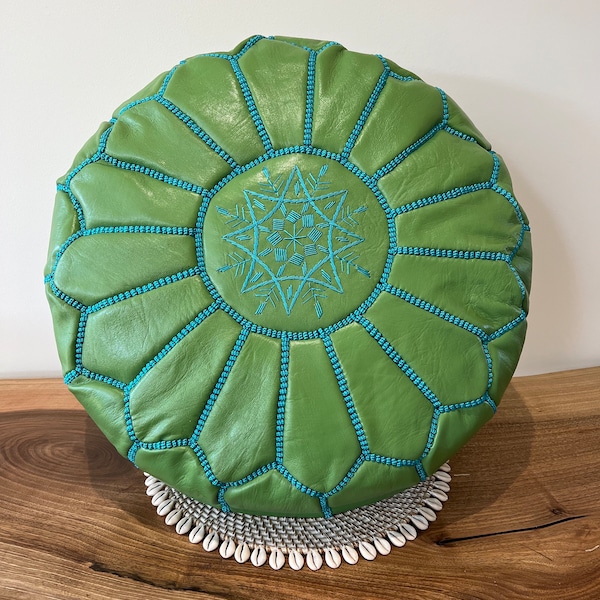 Pouf marocain fait main en cuir - Vert et turquoise