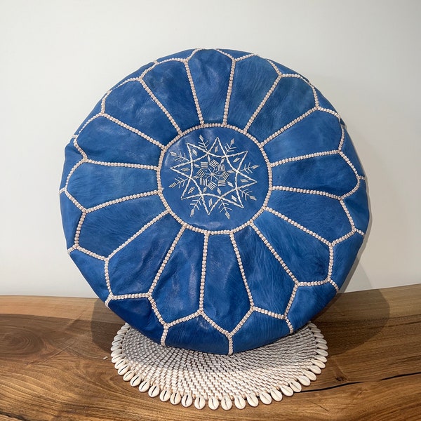 Moroccan Handmade Leather Pouffe - Blue