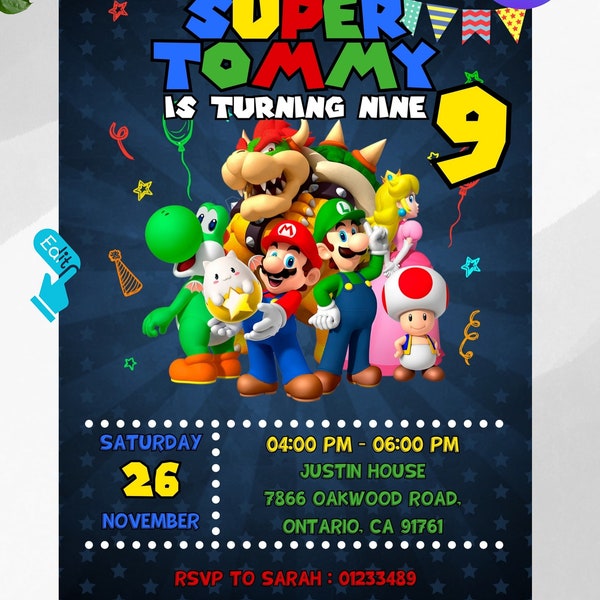 Mario Bros Invitation, Super Mario Birthday Invitation, Super Brothers boy Invite, Video Game, Kid Invite, Editable Template, Editable Canva