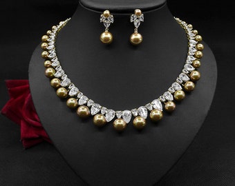 Pearl Zircon Earrings Necklace Set Dinner Jewelry