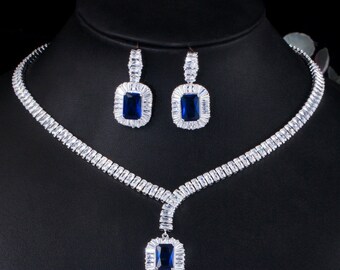 Platinum Zircon Earrings Necklace Set