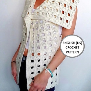 May include: A white crochet vest with a large, open collar. The vest has a square stitch pattern and is sleeveless. The text "ENGLISH (US) CROCHET PATTERN" is visible in the image.