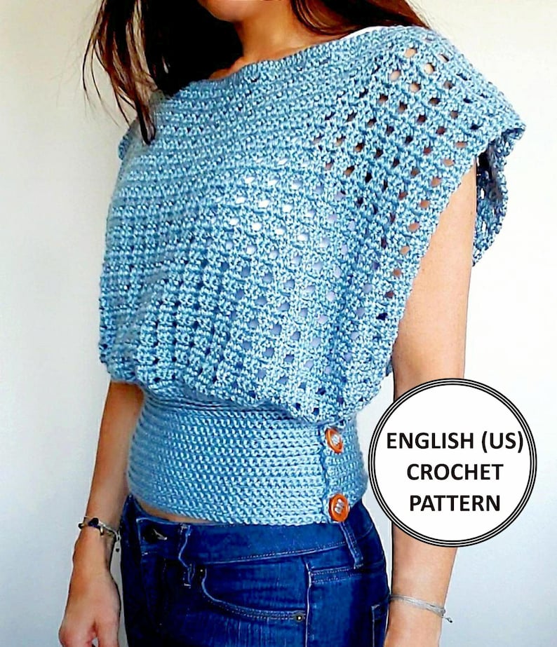 Crochet pattern for a modern mesh poncho sweater. It buttons on the side and any size can be made. Wear it with jeans & it makes a beautiful summer outfit.