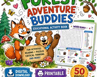 森の冒険仲間アクティビティブック、50ページ、動物に関する教育的な学習教材（デジタルダウンロード）