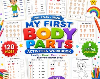子供向け身体部位ワークシート、120ページ、幼児向け印刷可能アクティビティブック（PDF版）