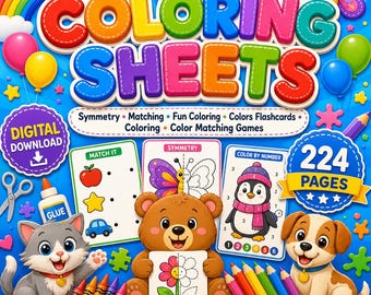 子供向け塗り絵アクティビティブック、224ページ、数字で色塗り、対称性、マッチング（デジタルダウンロード）