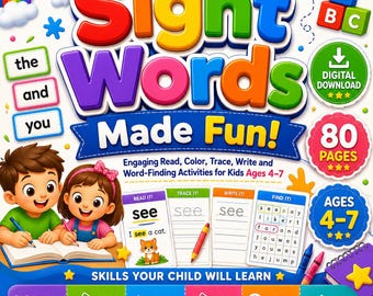 4歳から7歳のお子様向けサイトワードワークシート、80ページ分の印刷可能なPDFワークシート