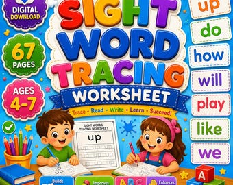 幼稚園児向けサイトワードなぞり書きワークシート、印刷可能な手書き練習用PDF、対象年齢4～7歳