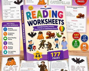 Reading Worksheets for Kids, 177-Page Printable Reading Comprehension Workbook, Short Passages & Vocabulary Activities PDF
