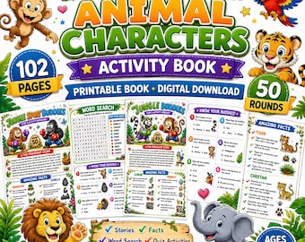 Educational Animals Activity Book, Printable Kids Worksheets, Word Search Games, Animal Facts, Quizzes