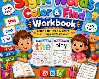 サイトワードの色塗り＆探し絵ワークブック、幼稚園・保育園向け印刷可能ワークシート50枚