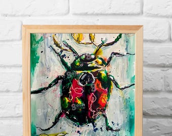 Puede incluir: Una pintura enmarcada de un escarabajo colorido con acentos rojos, verdes, amarillos y negros. El escarabajo está pintado sobre un fondo blanco con acentos verdes y azules.