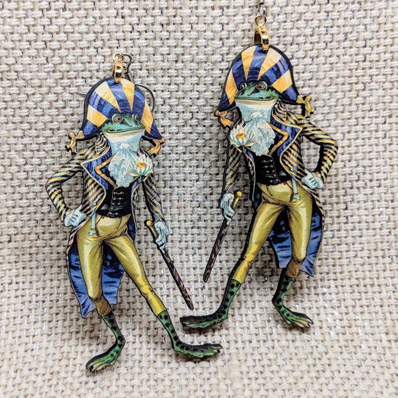 Fancy Frog Earrings Royal Earrings Regal Frog Anthropomorphic Frog Hypoallergenic Frog Jewelry Weird Jewelry Dapper Frog