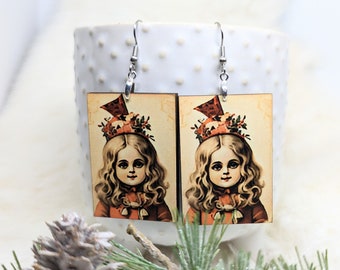 Christmas Girl Earrings / Winter Jewelry / Laser Cut Wood Handmade Jewelry / Vintage Image Earrings / Weird Earrings / Vintage Christmas