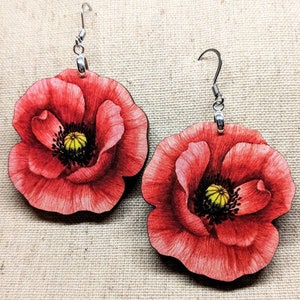 Poppy Earrings / Laser Cut Wood Earrings / Stainless Steel / Hypoallergenic / Flower Jewelry / Summer Earrings / Flower Earrings image 4