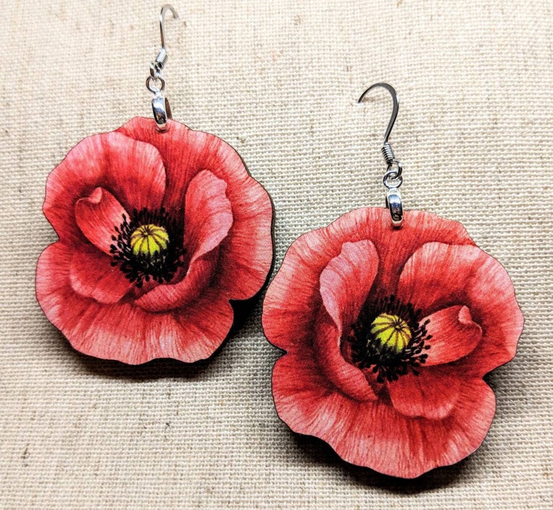 Poppy Earrings / Laser Cut Wood Earrings / Stainless Steel / Hypoallergenic / Flower Jewelry / Summer Earrings / Flower Earrings image 4