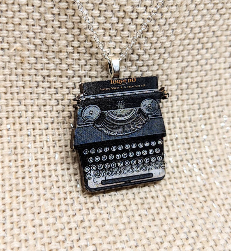 Typewriter Pendant Necklace / Handmade Wood Pendant / Typewriter Jewelry / Vintage Typewriter Royal Typewriter / Author Gift / Writer Gift image 2