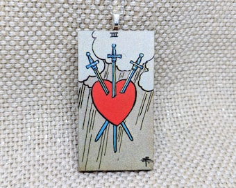 Three of Swords Pendant / Three of Swords Necklace / Tarot Card Pendant Necklace / Tarot Necklace / Rider Waite Deck / Pamela Colman Smith