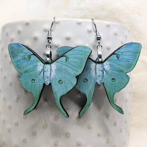 Moth Earrings / Laser Cut Wood Earrings / Blue Moth Earrings / Stainless Steel / Hypoallergenic / Insect Earrings / Luna Moth