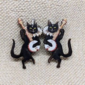 Banjo Cat Earrings / Musical Cat Jewelry / Laser Cut Wood Handmade Jewelry / Animal Earrings / Weird Earrings / Black Cat Gift