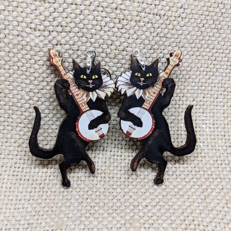 Banjo Cat Earrings / Musical Cat Jewelry / Laser Cut Wood Handmade Jewelry / Animal Earrings / Weird Earrings / Black Cat Gift image 1