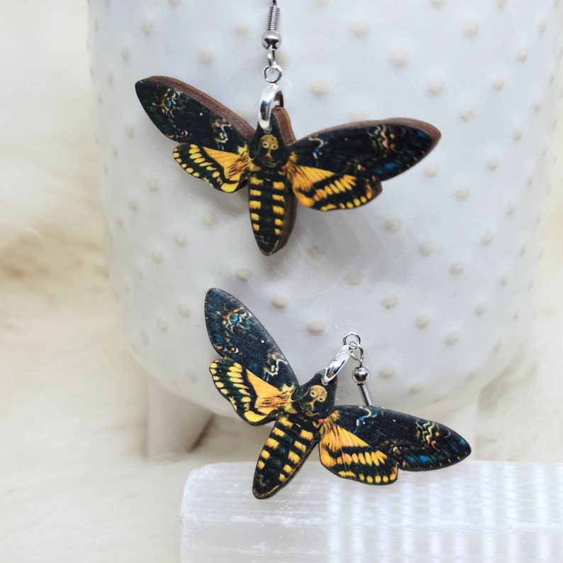 Moth Earrings / Laser Cut Wood Earrings / Death Moth Earrings / Stainless Steel / Hypoallergenic / Insect Earrings / Bug Earrings image 4