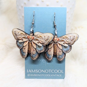 Spring Moth Earrings / Stitched Moth Image / Stainless Steel / Hypoallergenic / Insect Earrings / Bug Earrings / Embroidered Style image 2