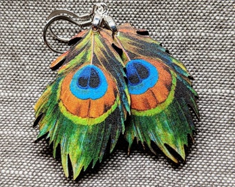 Boucles d'oreilles paon / Boucles d'oreilles plumes de paon / Bijoux paon / Boucles d'oreilles plumes / Boucles d'oreilles plumes d'oiseau / Boucles d'oreilles en bois / Porte-bonheur